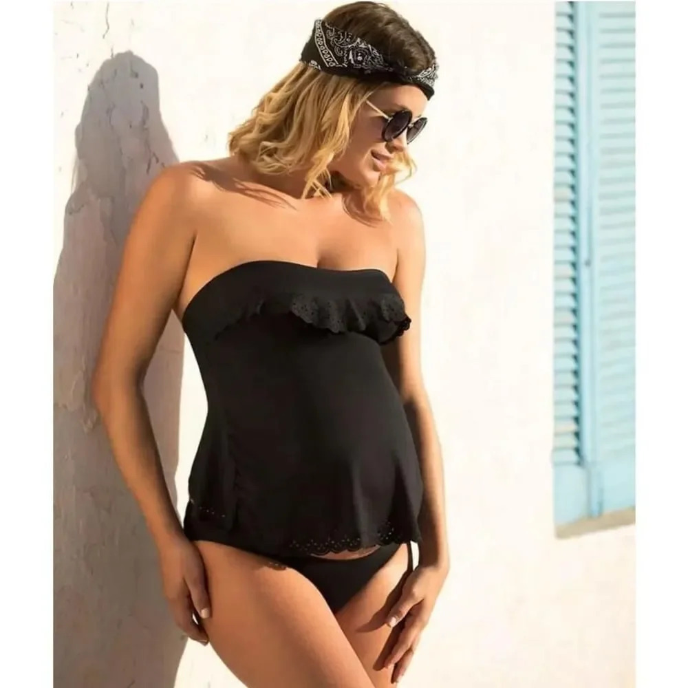 Cache Coeur Maternity Black Ruffle Trim Swimsuit Top - Size S